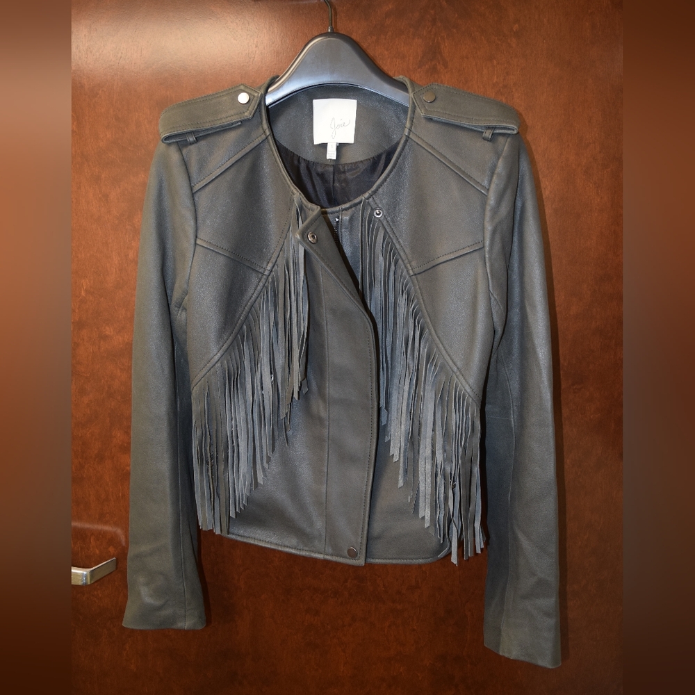 Joie Small Leather Fringed Gray Jacket